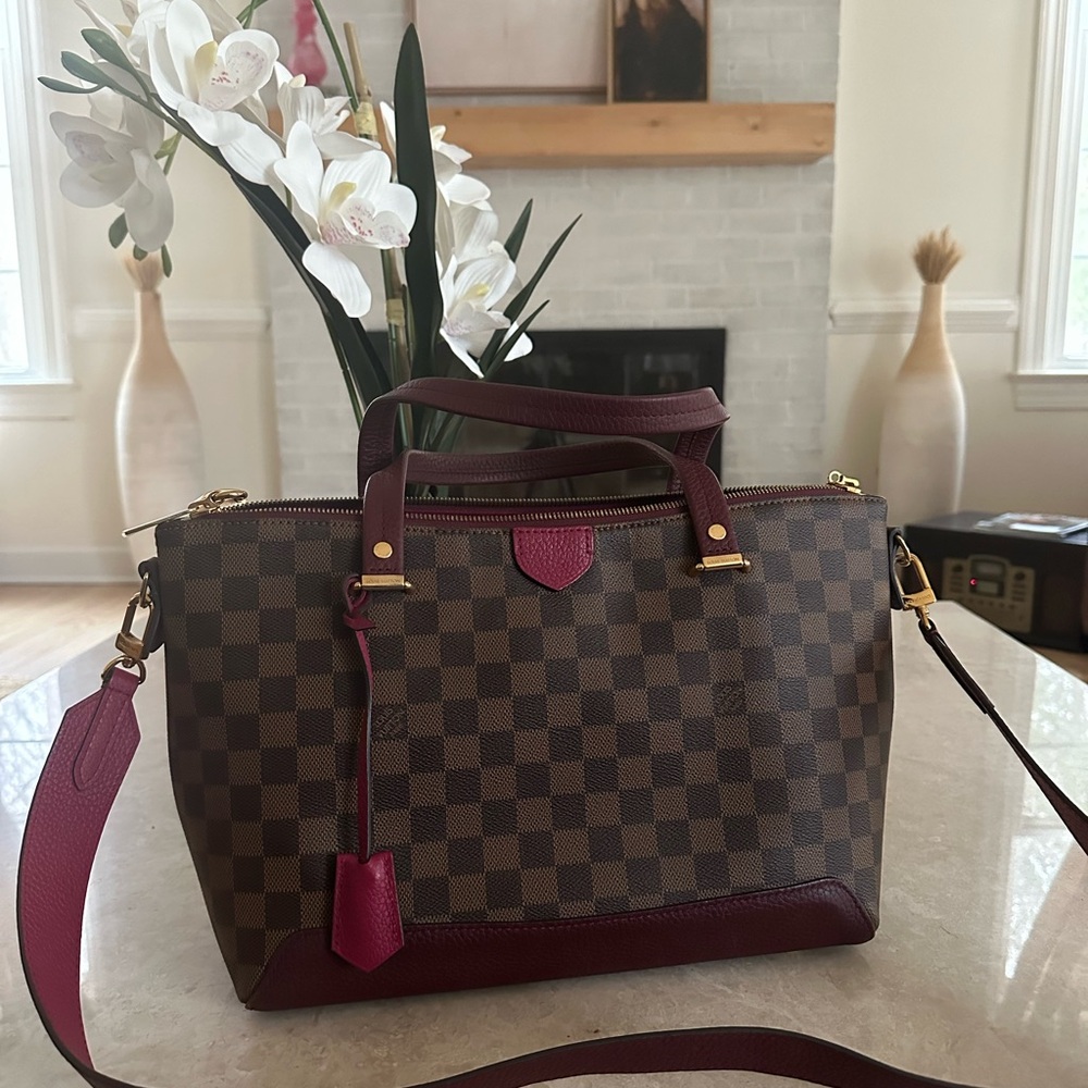 Brown and Red Checkered Satchel with Leather Handles